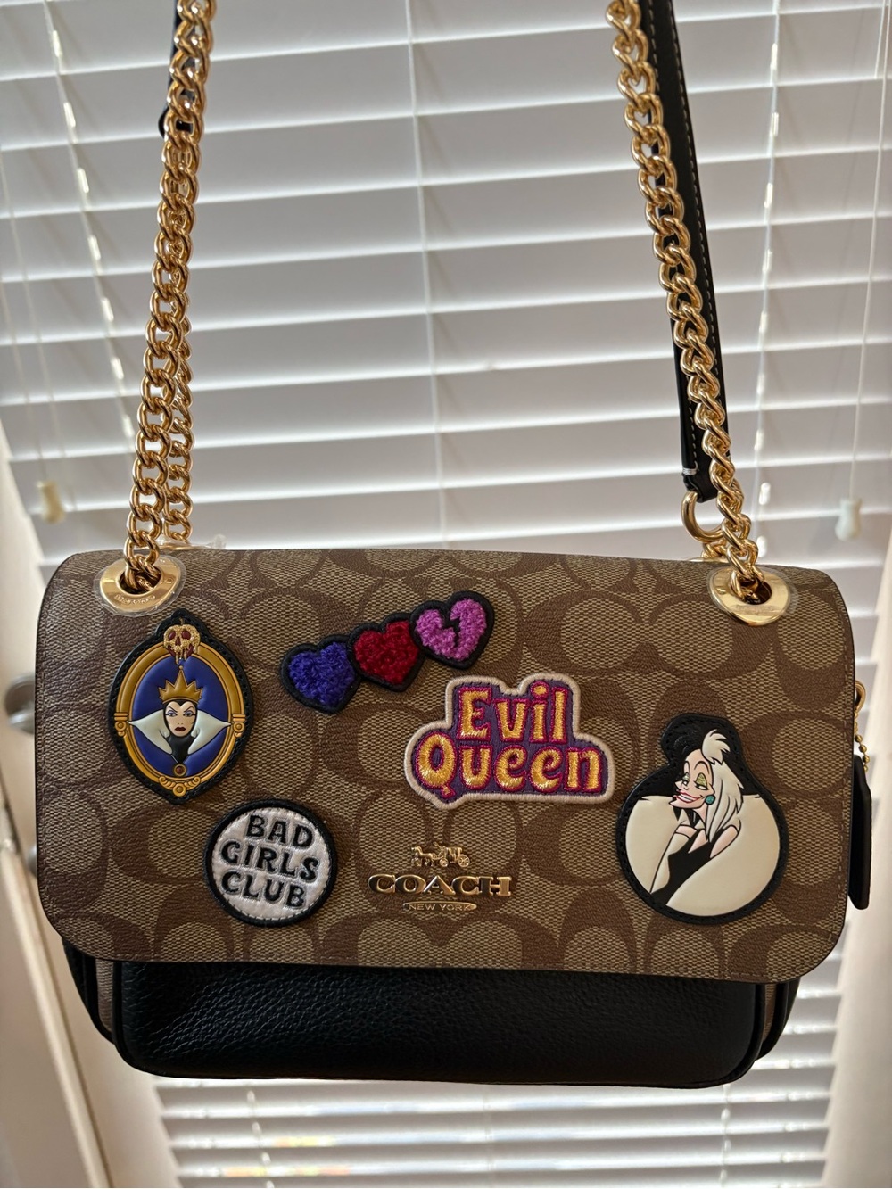 Coach *Disney Klare 26 Brown & Black 'Evil Queen' Patch Shoulder Bag